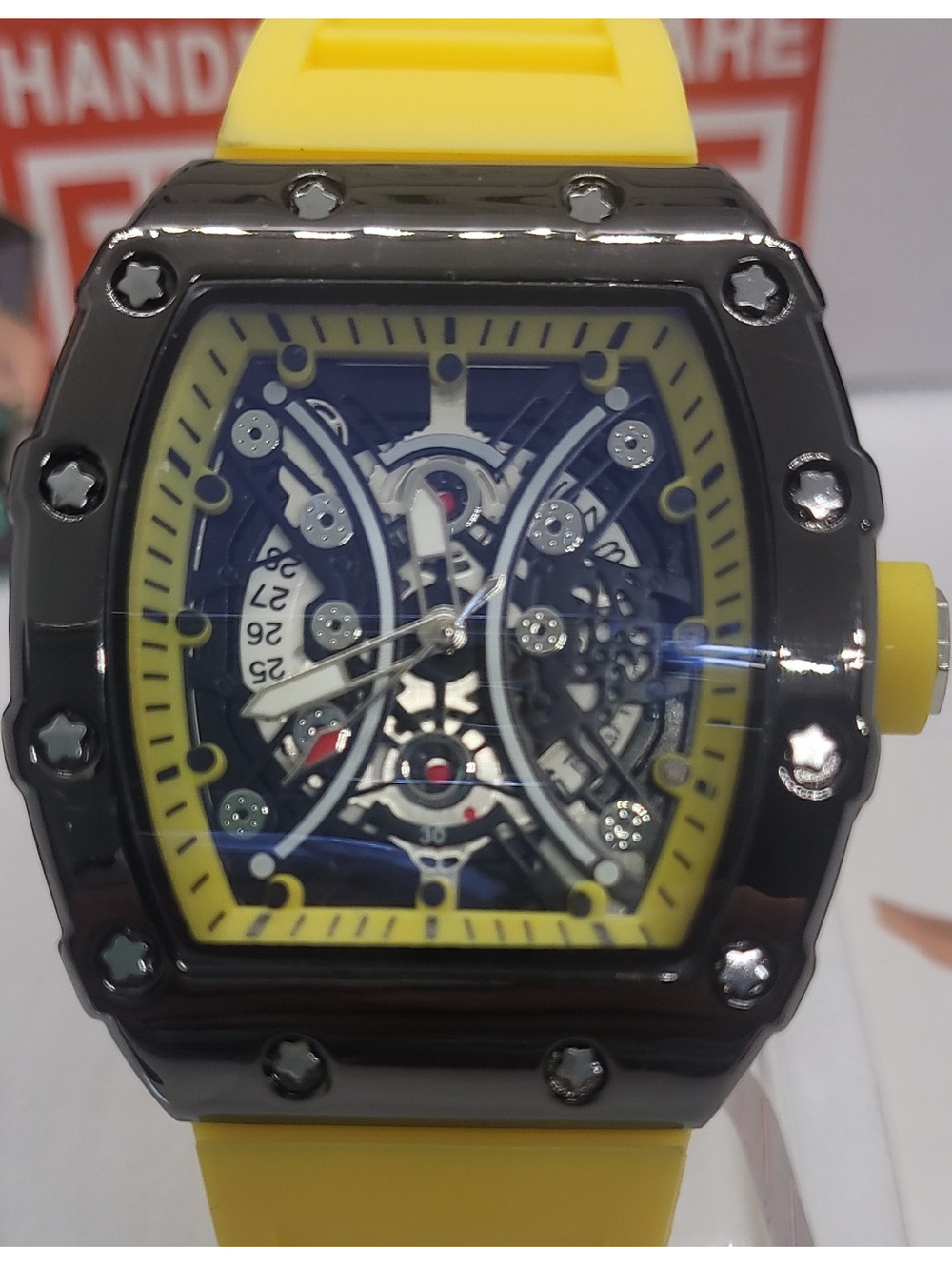 433 sports wristwatch yellow silicone strap black tonneau case skeleton dial